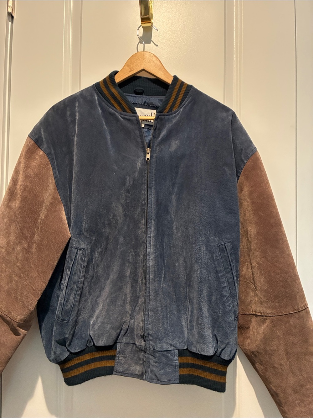 Avalanche Two-Tone Suede Bomber Jacket in Navy and Brown